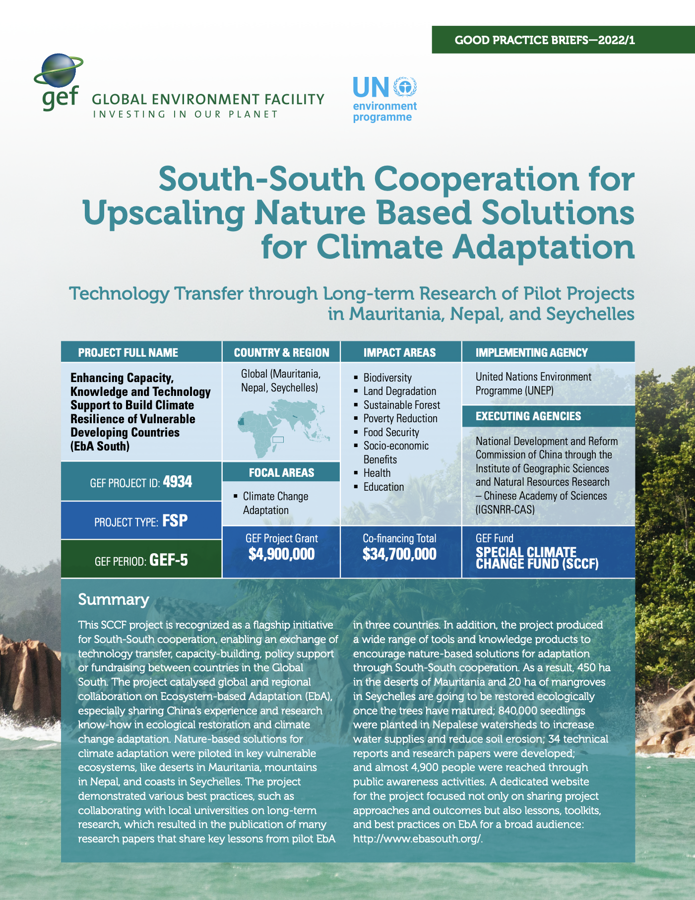 South-South Cooperation for Upscaling Nature-based Solutions for Climate Adaptation (UNEP-GEF, 2022)