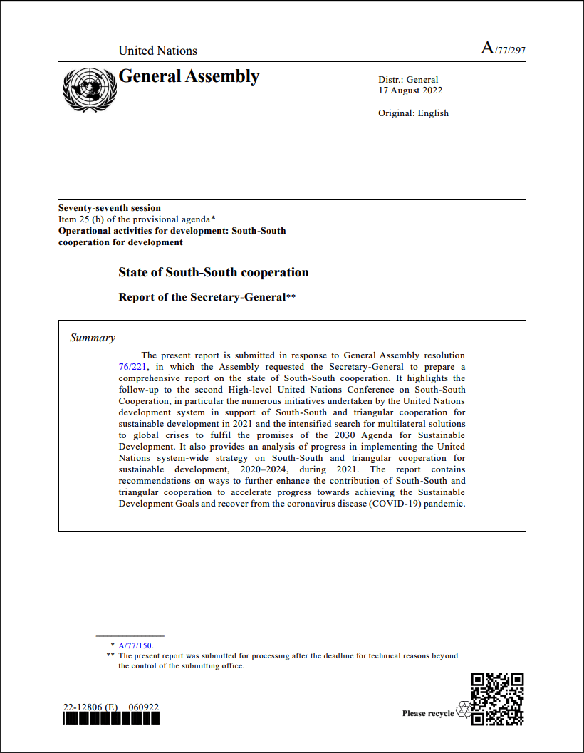 2022 Report of the UN Secretary-General on the State of South-South Cooperation