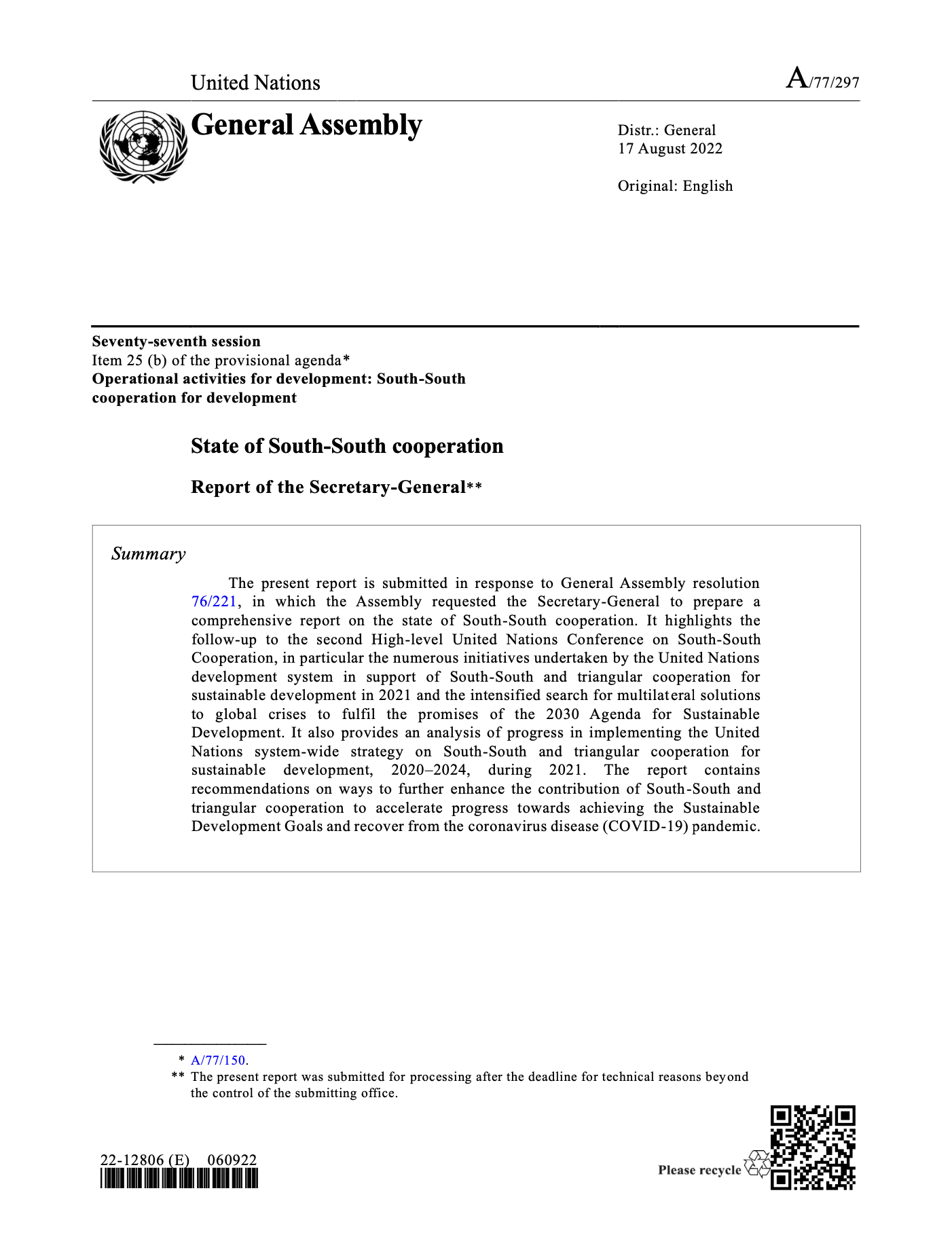 2022 Report of the UN Secretary-General on the State of South-South Cooperation