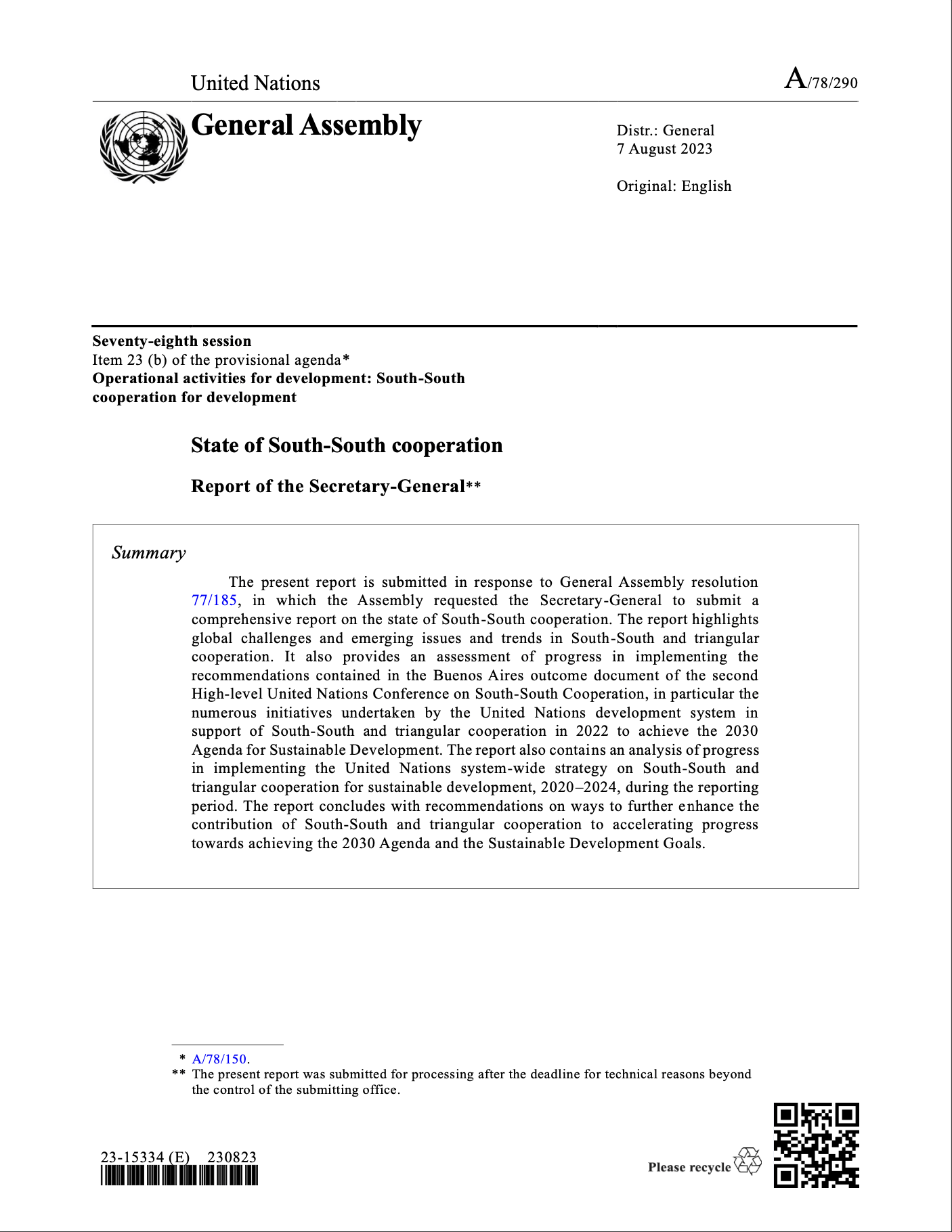 2023 Report of the UN Secretary-General on the State of South-South Cooperation